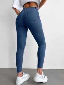 SHEIN Tall Tall High Waist Casual Style Medium Blue Wash Regular Fit Button Front High Stretch Skinny Jean - Medium Wash - View 2