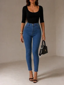 SHEIN Tall Tall High Waist Casual Style Medium Blue Wash Regular Fit Button Front High Stretch Skinny Jean - Medium Wash - View 1