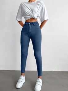 SHEIN Tall Tall High Waist Casual Style Medium Blue Wash Regular Fit Button Front High Stretch Skinny Jean - Medium Wash - View 4