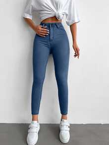 SHEIN Tall Tall High Waist Casual Style Medium Blue Wash Regular Fit Button Front High Stretch Skinny Jean - Medium Wash - View 3