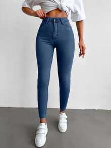 SHEIN Tall Tall High Waist Casual Style Medium Blue Wash Regular Fit Button Front High Stretch Skinny Jean - Medium Wash - View 5