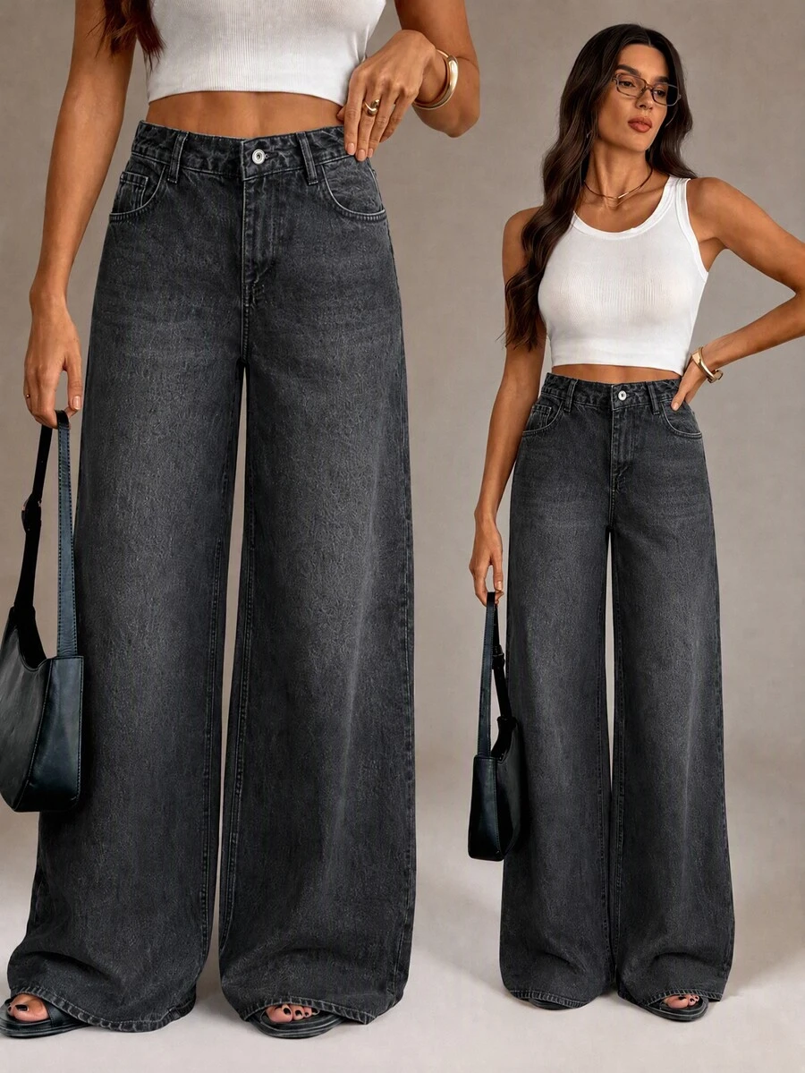 SHEIN Tall جينز نسائي بخصر منخفض وساق واسعة بغسلة داكنة للاستخدام اليومي - أزرق داكن - مشاهدة 1