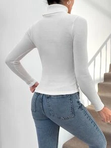 SHEIN PETITE مجموعة كنزة صوفية نسائية صغيرة الحجم من قطعتين بياقة عالية وأكمام طويلة بلون موحد كاجوال - أبيض وأسود - مشاهدة 2