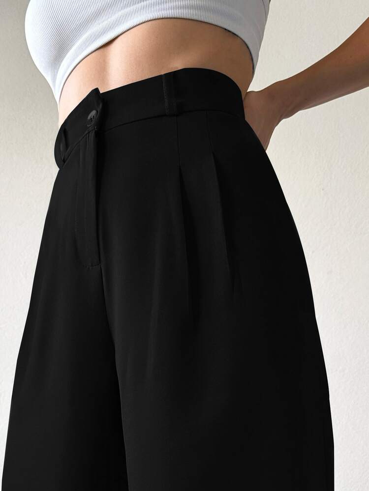 SHEIN بنطلون طويل كاجوال أنيق بقصة واسعة للساق باللون الأسود السادة للنساء مقاس طويل، مناسب للمكتب والأعمال وعيد المعلم وفصل الخريف - الأسود - مشاهدة 4