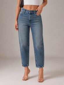 SHEIN PETITE Women High Waist Medium Washed Casual Mom Jeans Petite - Medium Wash - View 1