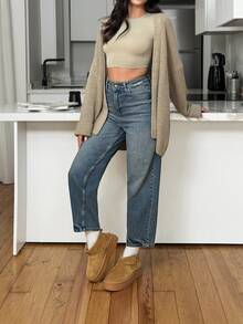 SHEIN PETITE Women High Waist Medium Washed Casual Mom Jeans Petite - Medium Wash - View 5