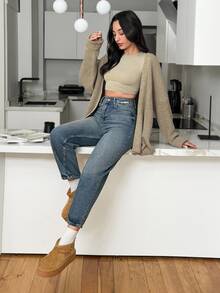 SHEIN PETITE Women High Waist Medium Washed Casual Mom Jeans Petite - Medium Wash - View 6
