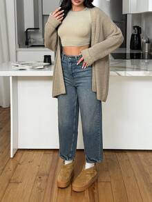SHEIN PETITE Women High Waist Medium Washed Casual Mom Jeans Petite - Medium Wash - View 9