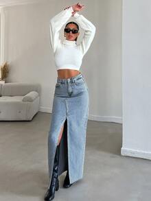 SHEIN Tall Tall High Waist Casual Style Light Blue Wash Regular Fit Button & Slit Front Long Denim Skirt - Light Wash - View 7