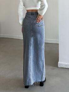 SHEIN Tall Tall High Waist Casual Style Light Blue Wash Regular Fit Button & Slit Front Long Denim Skirt - Light Wash - View 2