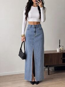 SHEIN Tall Tall High Waist Casual Style Light Blue Wash Regular Fit Button & Slit Front Long Denim Skirt - Light Wash - View 1