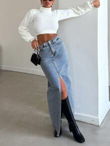 SHEIN Tall Tall High Waist Casual Style Light Blue Wash Regular Fit Button & Slit Front Long Denim Skirt - Light Wash - View 8