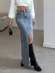 SHEIN Tall Tall High Waist Casual Style Light Blue Wash Regular Fit Button & Slit Front Long Denim Skirt - Light Wash - View 3