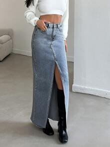 SHEIN Tall Tall High Waist Casual Style Light Blue Wash Regular Fit Button & Slit Front Long Denim Skirt - Light Wash - View 6