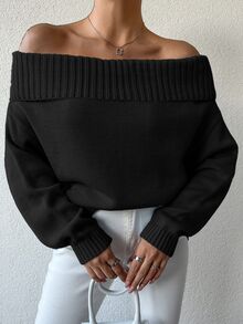 SHEIN Tall كنزة نسائية طويلة الحجم بلون أسود سادة كاجوال بكتف مكشوف وأكمام طويلة بتفاصيل محبوكة مضلعة - الأسود - مشاهدة 5