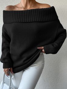 SHEIN Tall كنزة نسائية طويلة الحجم بلون أسود سادة كاجوال بكتف مكشوف وأكمام طويلة بتفاصيل محبوكة مضلعة - الأسود - مشاهدة 3