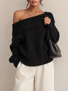 SHEIN Tall كنزة نسائية طويلة الحجم بلون أسود سادة كاجوال بكتف مكشوف وأكمام طويلة بتفاصيل محبوكة مضلعة - الأسود - مشاهدة 1