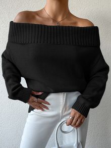 SHEIN Tall كنزة نسائية طويلة الحجم بلون أسود سادة كاجوال بكتف مكشوف وأكمام طويلة بتفاصيل محبوكة مضلعة - الأسود - مشاهدة 6