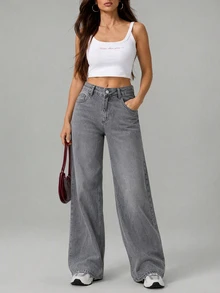 SHEIN Tall بنطلون جينز طويل بخصر منخفض بأسلوب كاجوال بقصة عادية وأزرار أمامية بلون رمادي مع تفاصيل غسيل وساق واسعة - رمادي - مشاهدة 1