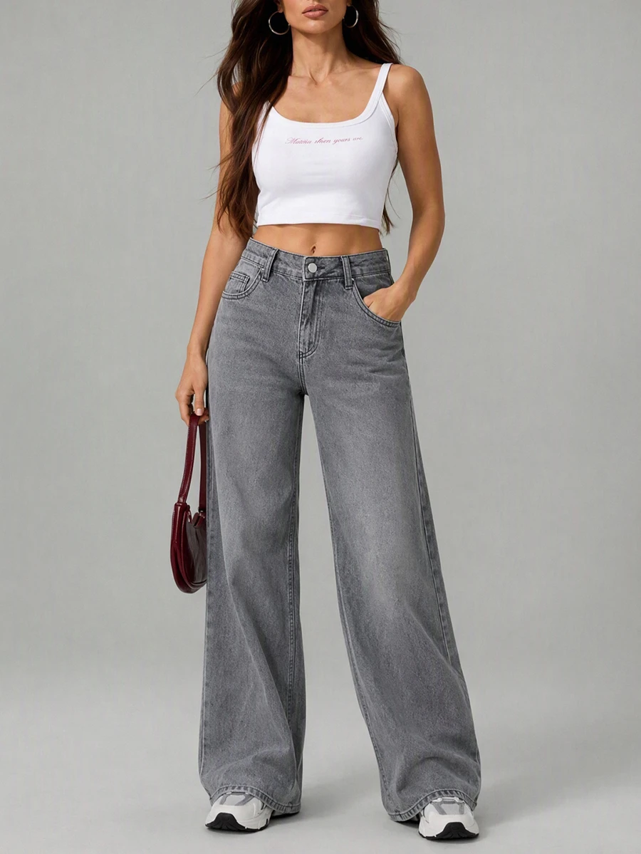 SHEIN Tall بنطلون جينز طويل بخصر منخفض بأسلوب كاجوال بقصة عادية وأزرار أمامية بلون رمادي مع تفاصيل غسيل وساق واسعة - رمادي - مشاهدة 1