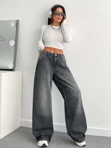 SHEIN Tall بنطلون جينز طويل بخصر منخفض بأسلوب كاجوال بقصة عادية وأزرار أمامية بلون رمادي مع تفاصيل غسيل وساق واسعة - رمادي - مشاهدة 4