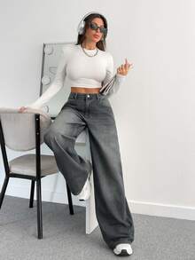SHEIN Tall بنطلون جينز طويل بخصر منخفض بأسلوب كاجوال بقصة عادية وأزرار أمامية بلون رمادي مع تفاصيل غسيل وساق واسعة - رمادي - مشاهدة 6
