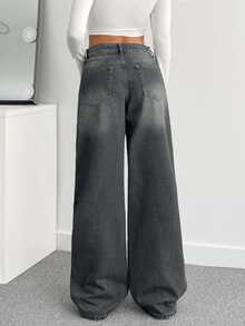 SHEIN Tall بنطلون جينز طويل بخصر منخفض بأسلوب كاجوال بقصة عادية وأزرار أمامية بلون رمادي مع تفاصيل غسيل وساق واسعة - رمادي - مشاهدة 2