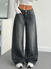 SHEIN Tall بنطلون جينز طويل بخصر منخفض بأسلوب كاجوال بقصة عادية وأزرار أمامية بلون رمادي مع تفاصيل غسيل وساق واسعة - رمادي - مشاهدة 3