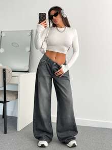 SHEIN Tall بنطلون جينز طويل بخصر منخفض بأسلوب كاجوال بقصة عادية وأزرار أمامية بلون رمادي مع تفاصيل غسيل وساق واسعة - رمادي - مشاهدة 5