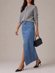SHEIN Tall تنورة جينز طويلة بخصر عالي وقصة عادية وأسلوب كاجوال وغسيل أزرق متوسط مع أزرار وشق أمامي - أزرق متوسط - مشاهدة 1