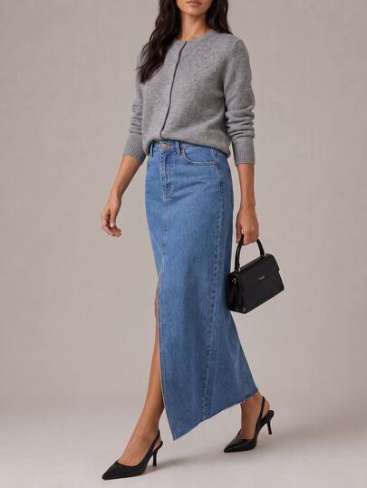 SHEIN Tall تنورة جينز طويلة بخصر عالي وقصة عادية وأسلوب كاجوال وغسيل أزرق متوسط مع أزرار وشق أمامي