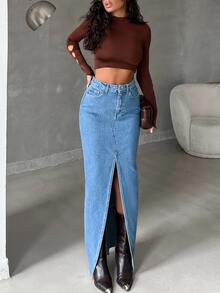SHEIN Tall تنورة جينز طويلة بخصر عالي وقصة عادية وأسلوب كاجوال وغسيل أزرق متوسط مع أزرار وشق أمامي - أزرق متوسط - مشاهدة 6