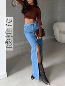 SHEIN Tall تنورة جينز طويلة بخصر عالي وقصة عادية وأسلوب كاجوال وغسيل أزرق متوسط مع أزرار وشق أمامي - أزرق متوسط - مشاهدة 3