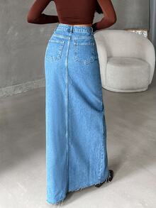 SHEIN Tall تنورة جينز طويلة بخصر عالي وقصة عادية وأسلوب كاجوال وغسيل أزرق متوسط مع أزرار وشق أمامي - أزرق متوسط - مشاهدة 2