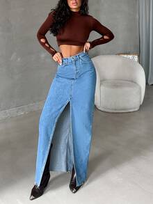 SHEIN Tall تنورة جينز طويلة بخصر عالي وقصة عادية وأسلوب كاجوال وغسيل أزرق متوسط مع أزرار وشق أمامي - أزرق متوسط - مشاهدة 5