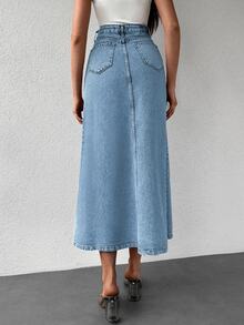 SHEIN Tall تنورة جينز طويلة بخصر عالي وأسلوب كاجوال، غسيل أزرق فاتح، مقاس عادي، بأزرار أمامية - أزرق فاتح - مشاهدة 2
