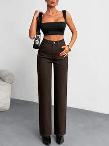 SHEIN Tall Tall High Waist Casual Style Regular Fit Brown Color Rinse Wash Button Front Straight Jean - Mocha Brown - View 4