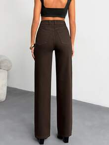 SHEIN Tall Tall High Waist Casual Style Regular Fit Brown Color Rinse Wash Button Front Straight Jean - Mocha Brown - View 2