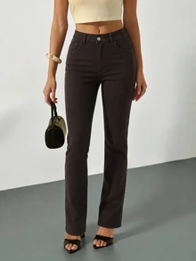 SHEIN Tall Tall High Waist Casual Style Regular Fit Brown Color Rinse Wash Button Front Straight Jean - Mocha Brown - View 1
