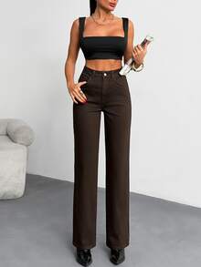 SHEIN Tall Tall High Waist Casual Style Regular Fit Brown Color Rinse Wash Button Front Straight Jean - Mocha Brown - View 6