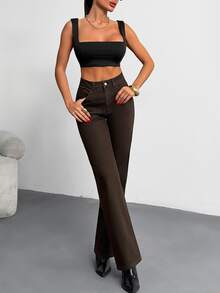 SHEIN Tall Tall High Waist Casual Style Regular Fit Brown Color Rinse Wash Button Front Straight Jean - Mocha Brown - View 5