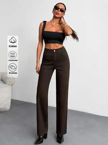 SHEIN Tall Tall High Waist Casual Style Regular Fit Brown Color Rinse Wash Button Front Straight Jean - Mocha Brown - View 3