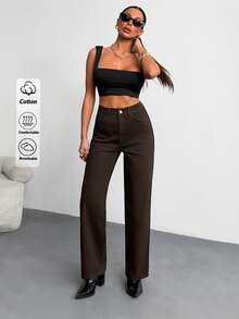 SHEIN PETITE بنطلون جينز مستقيم بخصر عالي وأزرار أمامية، بقصة عادية وأسلوب كاجوال، بلون بني مع غسيل شطف، مقاس صغير - بني مخاوي - مشاهدة 3