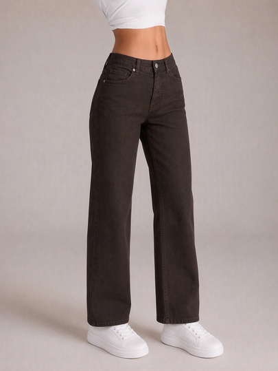 SHEIN PETITE Petite High Waist Casual Style Regular Fit Brown Color Rinse Wash Button Front Straight Jean