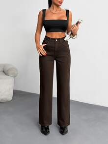 SHEIN PETITE بنطلون جينز مستقيم بخصر عالي وأزرار أمامية، بقصة عادية وأسلوب كاجوال، بلون بني مع غسيل شطف، مقاس صغير - بني مخاوي - مشاهدة 6