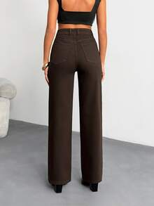 SHEIN PETITE بنطلون جينز مستقيم بخصر عالي وأزرار أمامية، بقصة عادية وأسلوب كاجوال، بلون بني مع غسيل شطف، مقاس صغير - بني مخاوي - مشاهدة 2