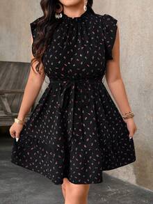 EMERY ROSE Plus Size Ditsy Floral Ruffle Hem A-Line Casual Vacation Dress - Black - View 6