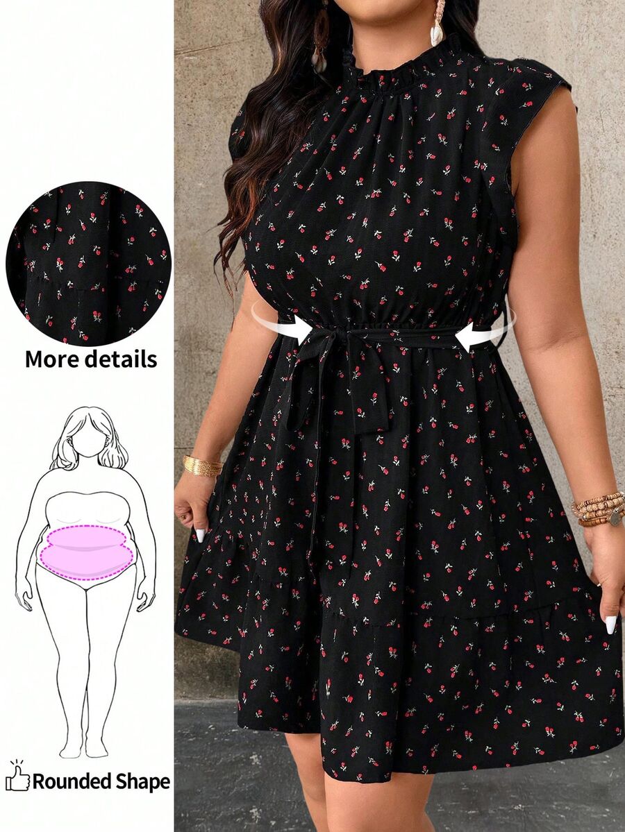 EMERY ROSE Plus Size Ditsy Floral Ruffle Hem A-Line Casual Vacation Dress - Black - View 1