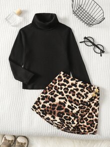 Young Girl Casual Daily Kids Fashion High Neck Black Ribbed Knit Long Sleeve T-Shirt & Leopard Print Skirt Set - Black - View 7