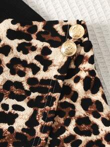 Young Girl Casual Daily Kids Fashion High Neck Black Ribbed Knit Long Sleeve T-Shirt & Leopard Print Skirt Set - Black - View 4